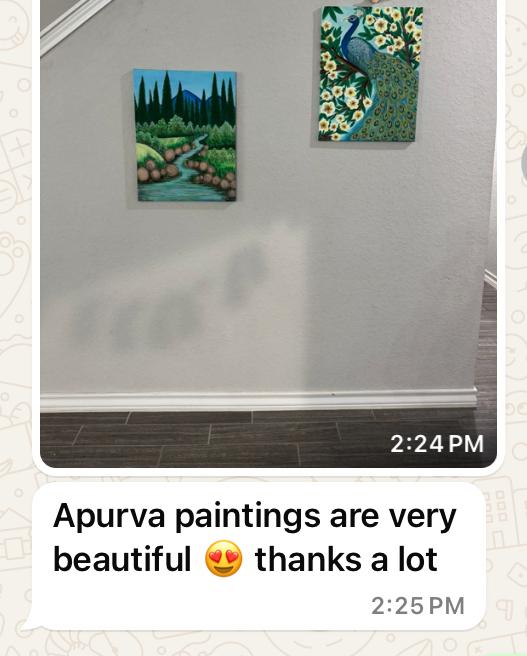 Apurva's artwork is truly exceptional. Her stunning peacock painting is a masterpiece that transcends mere visuals - it's an experience. With intricate layering and breathtaking detail, it captivates the viewer. Her landscape painting, with majestic pine trees and towering mountains, is equally impressive. Both pieces showcase Apurva's exceptional skill and artistry. This is the text for the above review